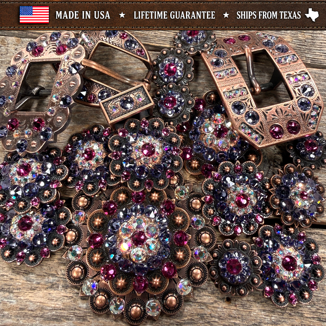 Copper Fuchsia - AB - Lilac Crystal Conchos | Sizes 1"- 3" | Buckles | Saddle Set | Leather Rosettes | Slide
