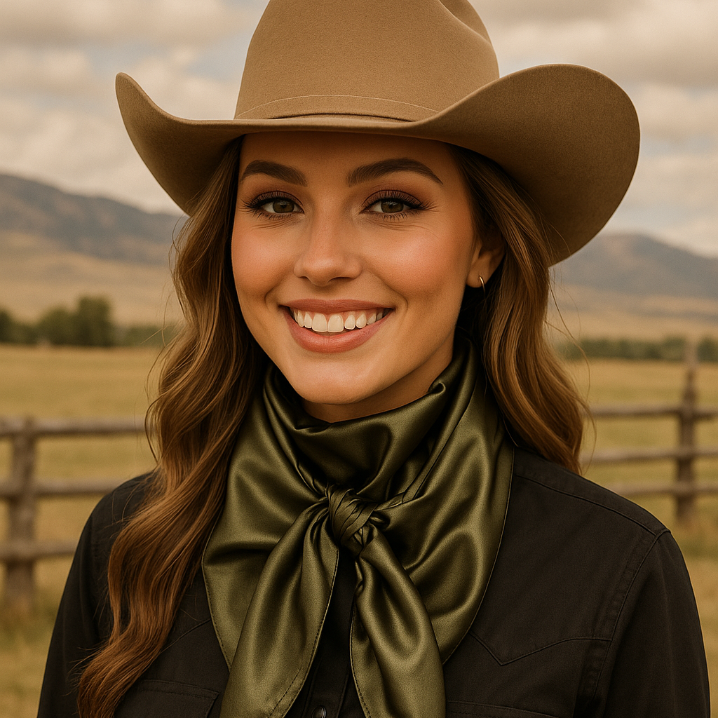 Woman wearing a cowboy hat and green wild rag / scarf in a field with mountains in the background