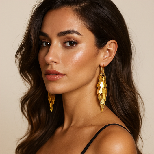 Woman wearing gold earrings against a beige background