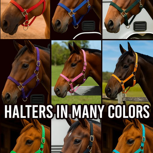 Collage of horses wearing halters in various colors with text 'HALTERS IN MANY COLORS'.