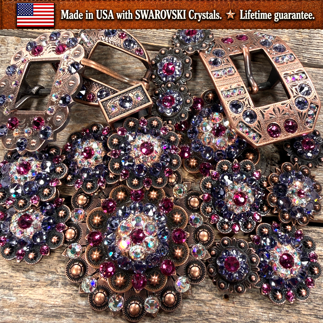 Copper Fuchsia - AB - Lilac Crystal Conchos | Sizes 1"- 3" | Buckles | Saddle Set | Leather Rosettes | Slide
