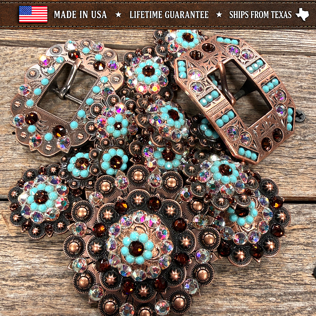Copper Topaz - Turquoise - AB Crystal Conchos | Sizes 1"- 3" | Buckles | Saddle Set | Leather Rosettes | Slide