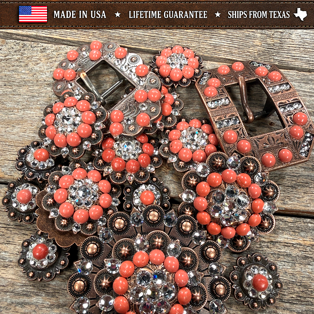 Copper Coral - Clear Crystal Conchos | Sizes 1"- 3" | Buckles | Saddle Set | Leather Rosettes | Slide