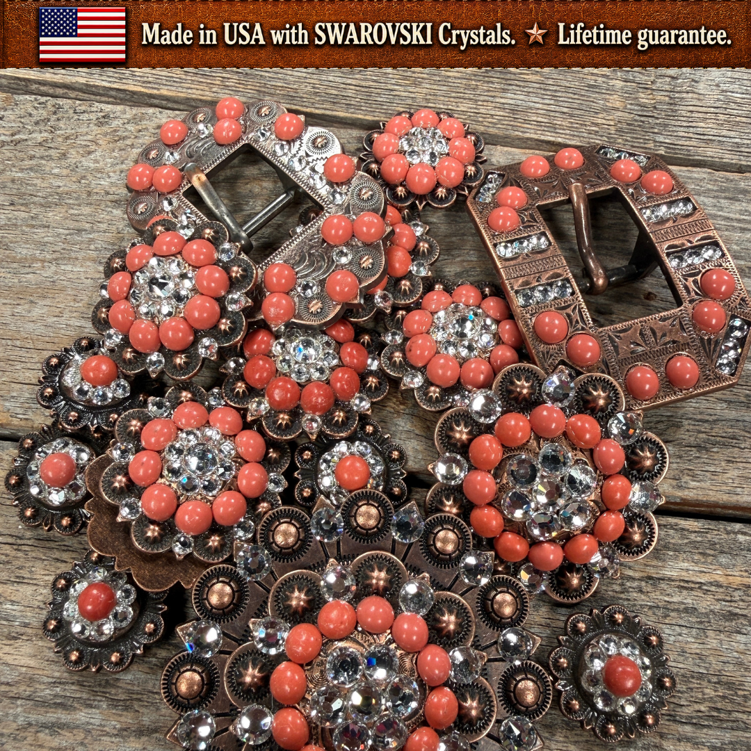 Copper Coral - Clear Crystal Conchos | Sizes 1"- 3" | Buckles | Saddle Set | Leather Rosettes | Slide
