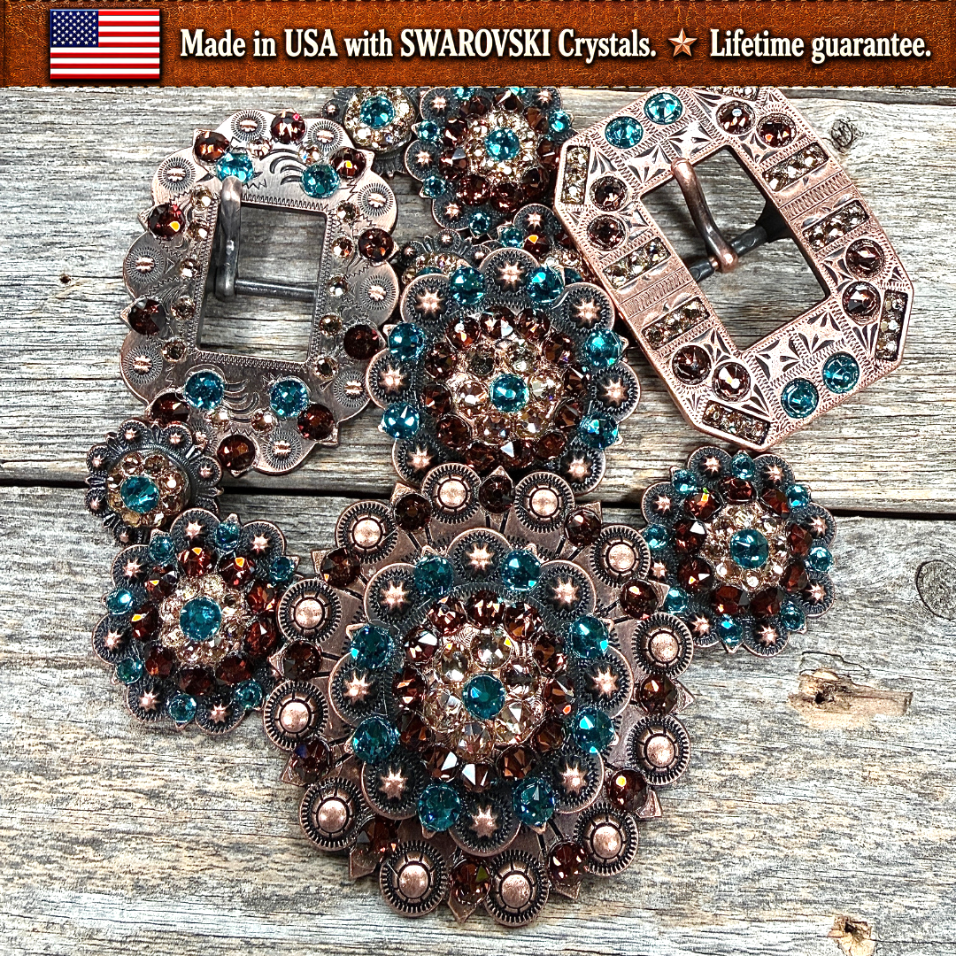 Copper Teal - Champagne - Topaz Crystal Conchos | Sizes 1"- 3" | Buckles | Saddle Set | Leather Rosettes | Slide