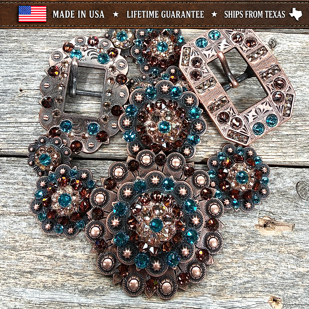 Copper Teal - Champagne - Topaz Crystal Conchos | Sizes 1"- 3" | Buckles | Saddle Set | Leather Rosettes | Slide