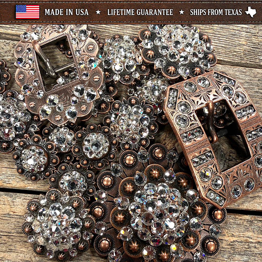 Copper Clear Crystal Conchos | Sizes 1"- 3" | Buckles | Saddle Set | Leather Rosettes | Slide