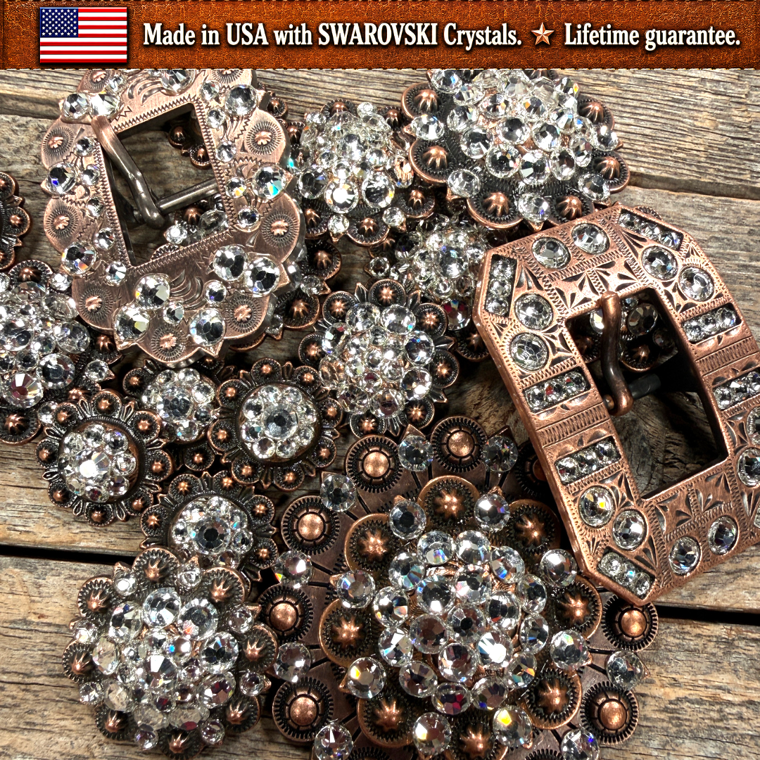 Copper Clear Crystal Conchos | Sizes 1"- 3" | Buckles | Saddle Set | Leather Rosettes | Slide