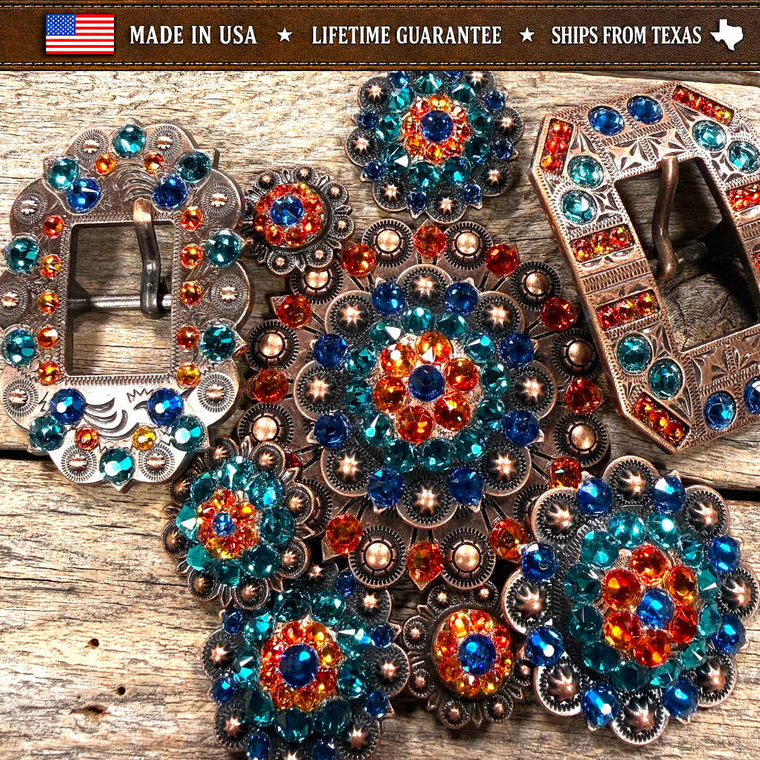 Copper Capri - Fire Opal - Teal Crystal Conchos | Sizes 1"- 3" | Buckles | Saddle Set | Leather Rosettes | Slide