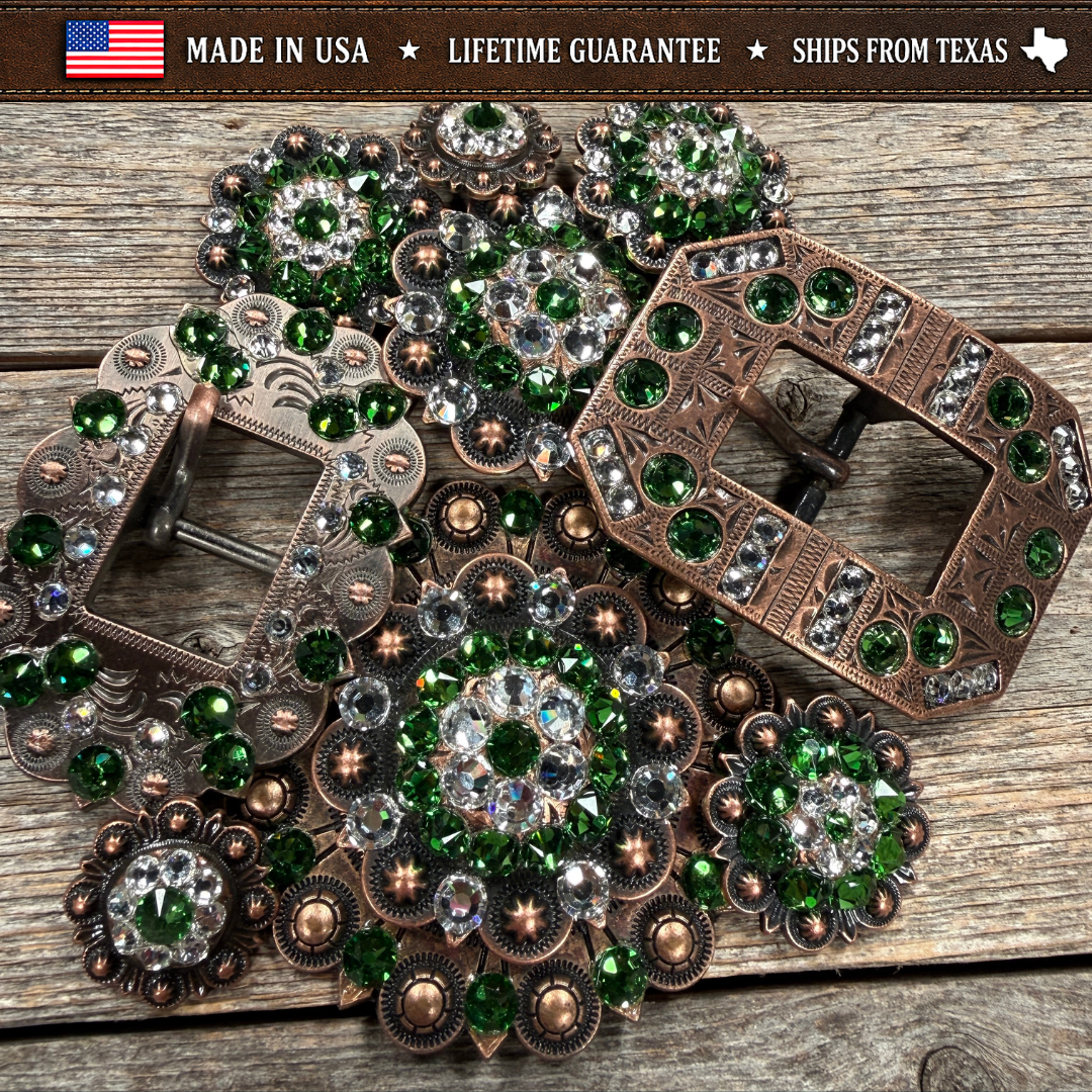 Copper Fern - Clear Crystal Conchos | Sizes 1"- 3" | Buckles | Saddle Set | Leather Rosettes | Slide