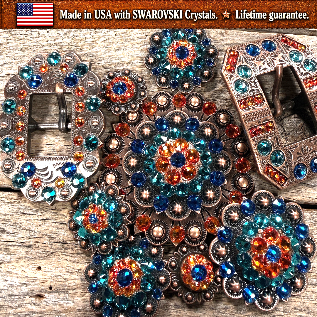 Copper Capri - Fire Opal - Teal Crystal Conchos | Sizes 1"- 3" | Buckles | Saddle Set | Leather Rosettes | Slide