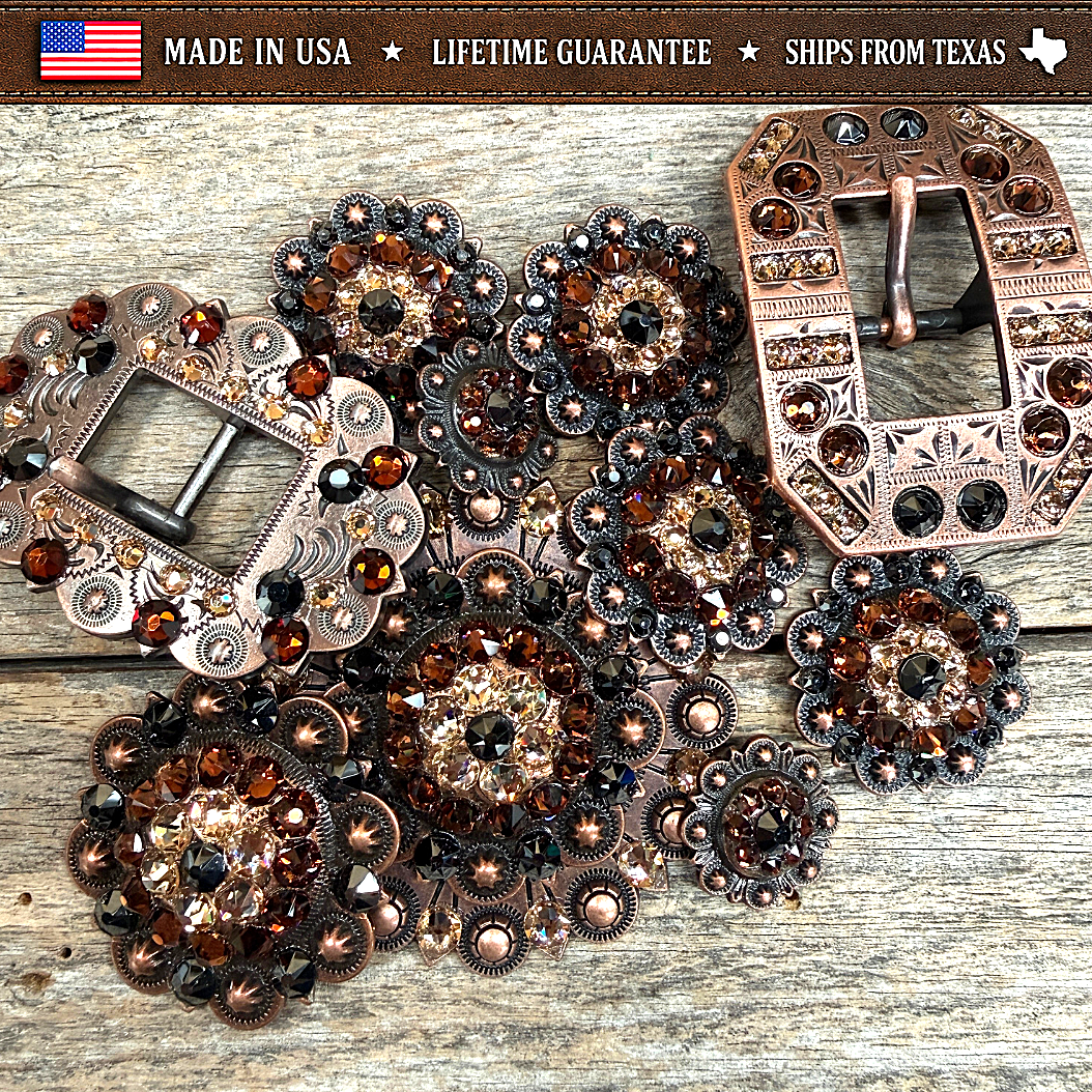 Copper Jet - Champagne - Topaz Crystal Conchos | Sizes 1"- 3" | Buckles | Saddle Set | Leather Rosettes | Slide