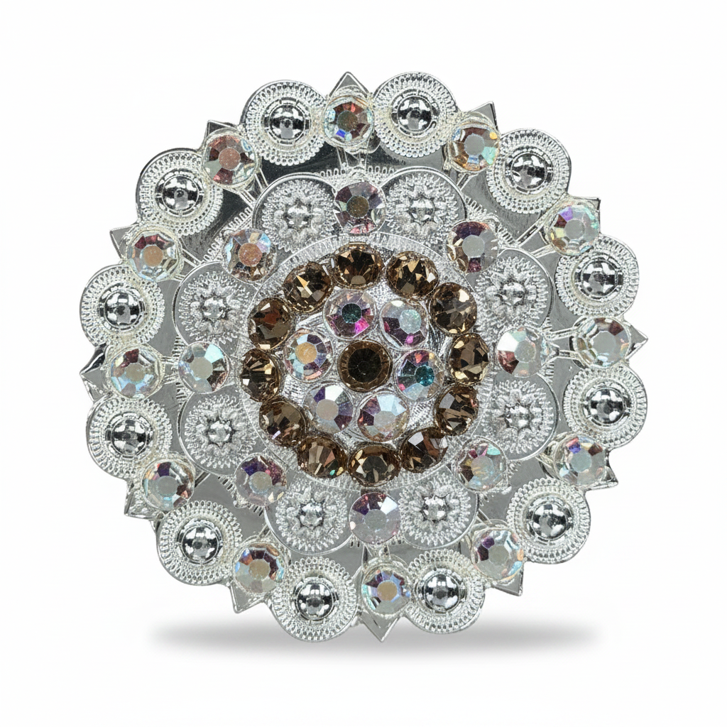 Bright Silver Champagne - AB Crystal Conchos | Sizes 1"- 3" | Buckles | Saddle Set | Leather Rosettes | Slide