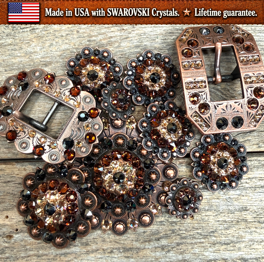Copper Jet - Champagne - Topaz Crystal Conchos | Sizes 1"- 3" | Buckles | Saddle Set | Leather Rosettes | Slide