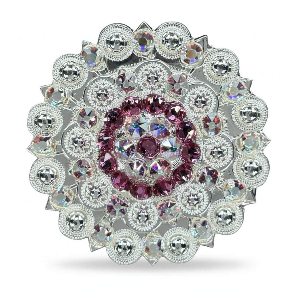 Bright Silver Pink - AB Crystal Conchos | Sizes 1"- 3" | Buckles | Saddle Set | Leather Rosettes | Slide