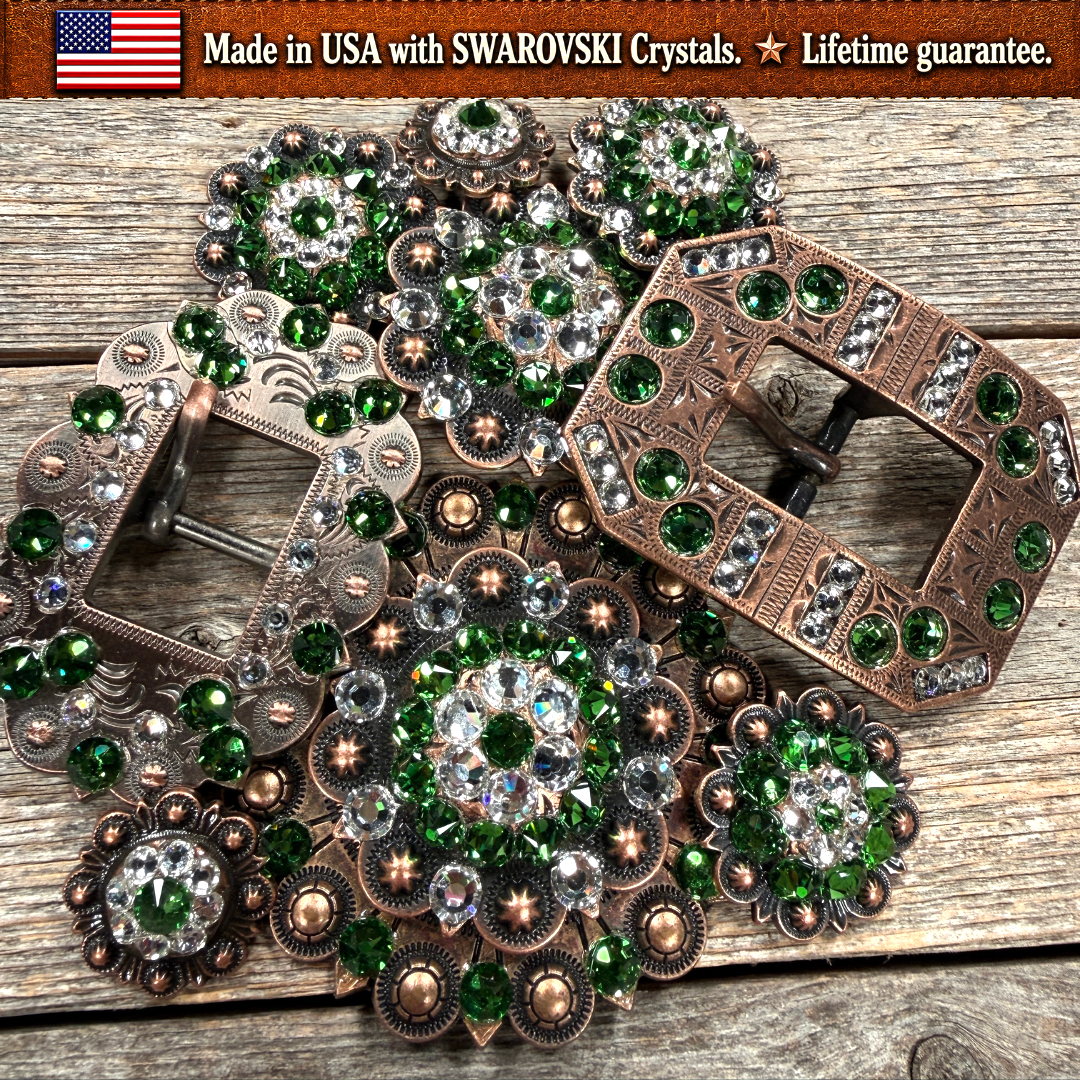 Copper Fern - Clear Crystal Conchos | Sizes 1"- 3" | Buckles | Saddle Set | Leather Rosettes | Slide