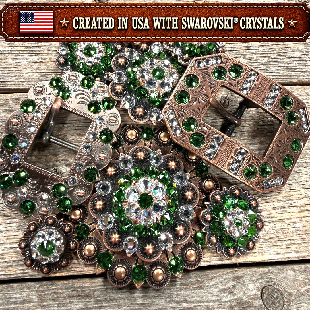 Copper Fern - Clear Crystal Conchos | Sizes 1"- 3" | Buckles | Saddle Set | Leather Rosettes | Slide