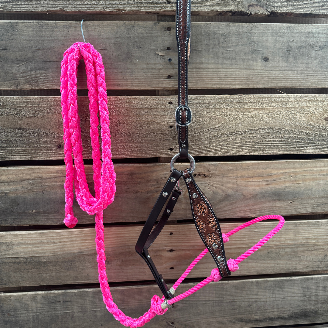 Hot Pink Flower Power Tooled Lariat & Leather Combo Halter