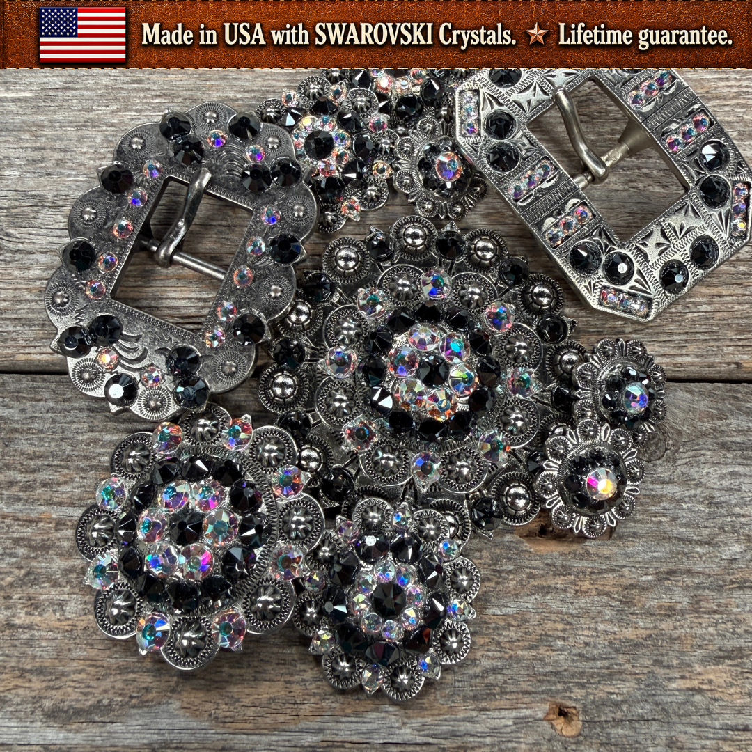 Antique Silver Jet - AB Crystal Conchos | Sizes 1"- 3" | Buckles | Saddle Set | Leather Rosettes | Slide