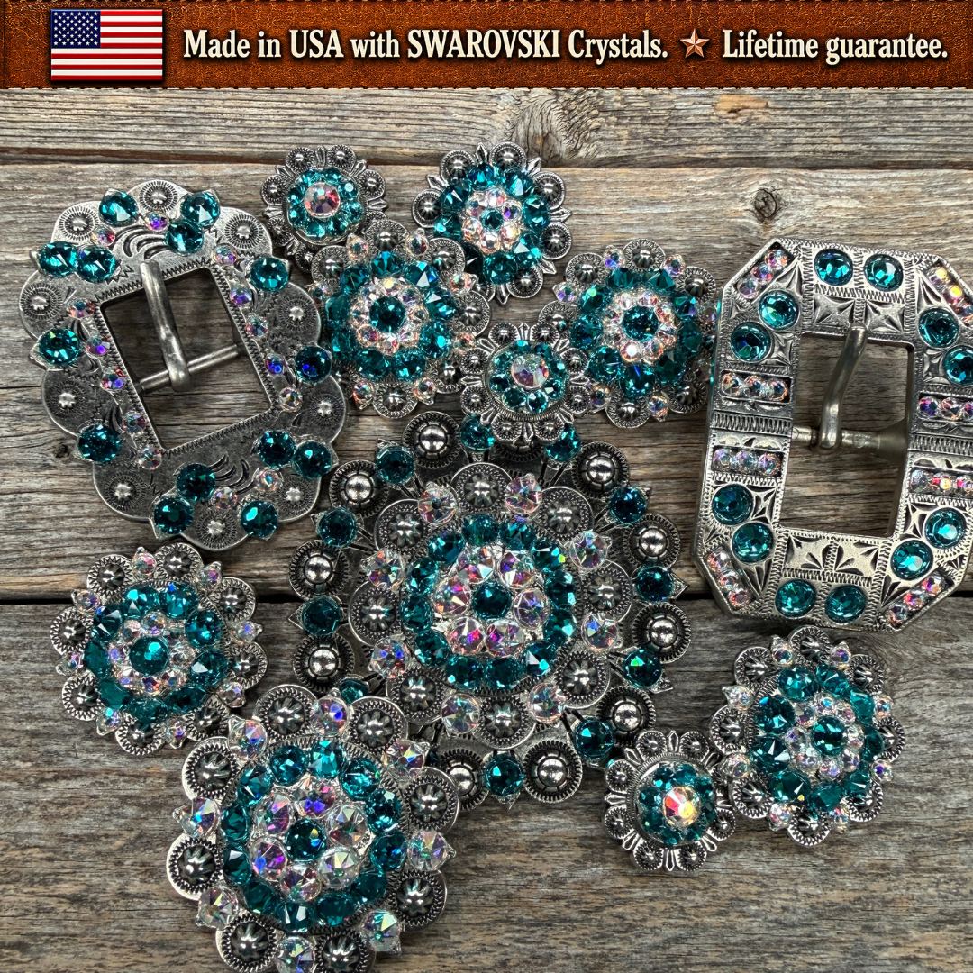 Antique Silver Teal - AB Crystal Conchos | Sizes 1"- 3" | Buckles | Saddle Set | Leather Rosettes | Slide