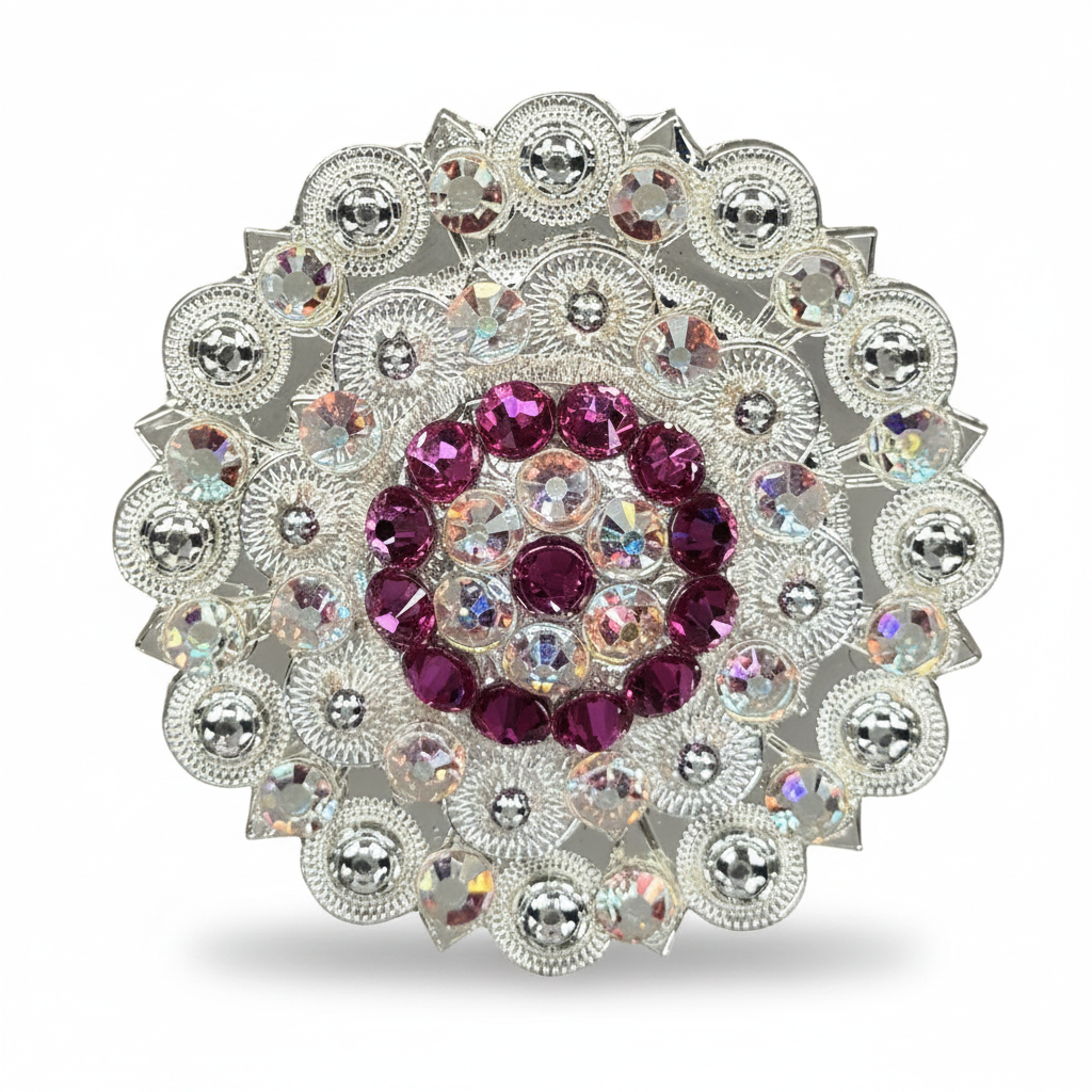 Bright Silver Fuchsia - AB Crystal Conchos | Sizes 1"- 3" | Buckles | Saddle Set | Leather Rosettes | Slide