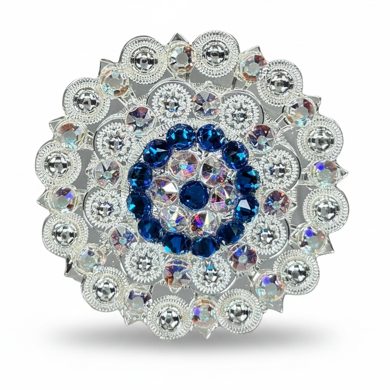 Bright Silver Capri - AB Crystal Conchos | Sizes 1"- 3" | Buckles | Saddle Set | Leather Rosettes | Slide