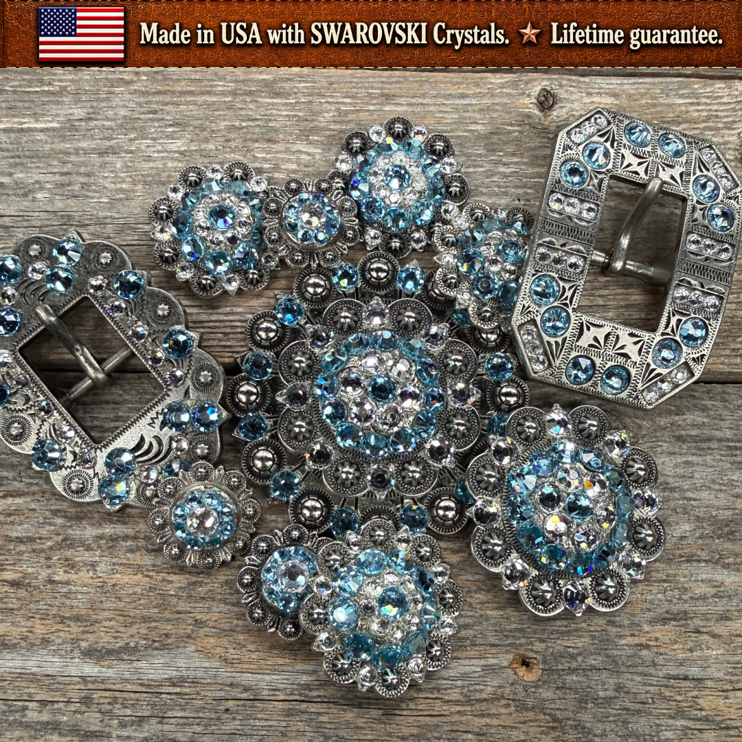 Antique Silver Aqua  - Clear Crystal Conchos | Sizes 1"- 3" | Buckles | Saddle Set | Leather Rosettes | Slide