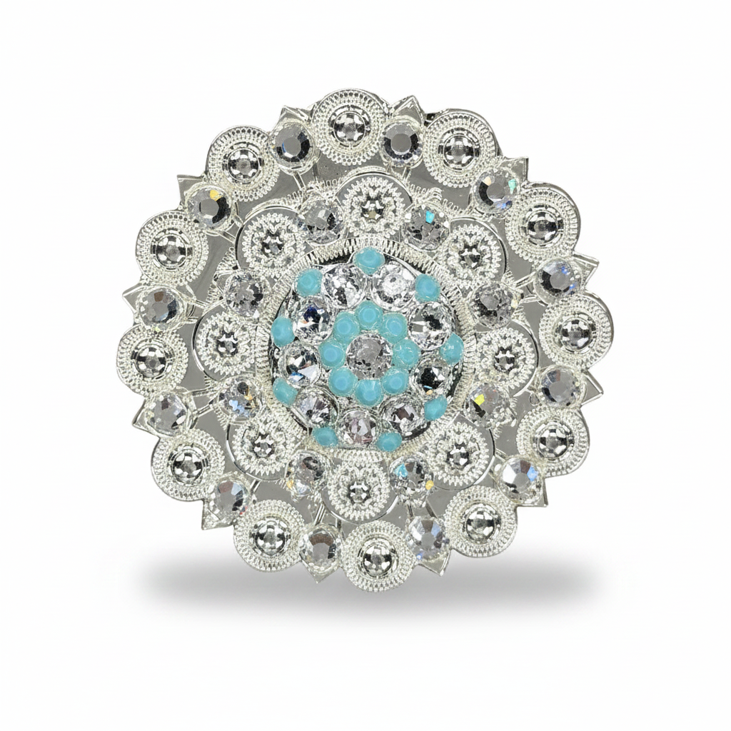 Bright Silver Turquoise - Clear Crystal Conchos | Sizes 1"- 3" | Buckles | Saddle Set | Leather Rosettes | Slide