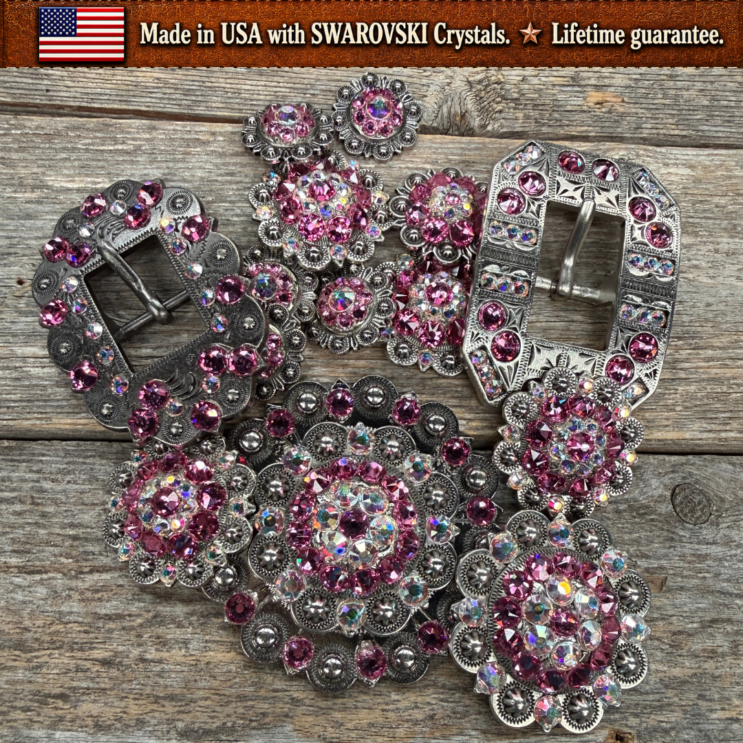 Antique Silver Pink - AB Crystal Conchos | Sizes 1"- 3" | Buckles | Saddle Set | Leather Rosettes | Slide