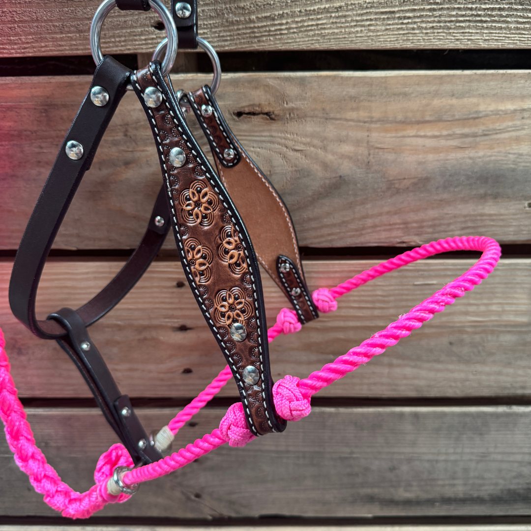 Hot Pink Flower Power Tooled Lariat & Leather Combo Halter
