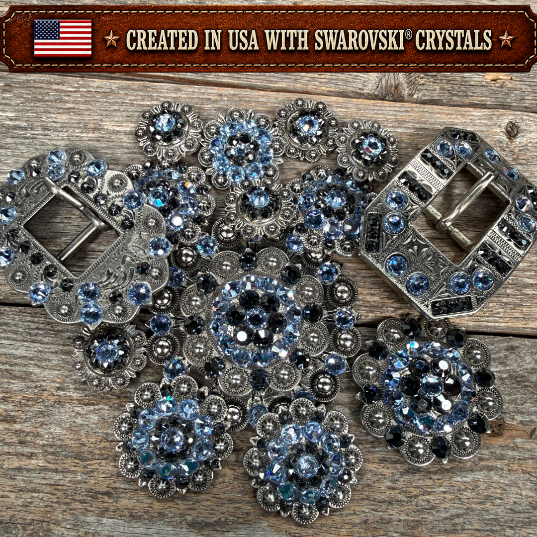 Antique Silver Light Sapphire - Jet Crystal Conchos | Sizes 1"- 3" | Buckles | Saddle Set | Leather Rosettes | Slide