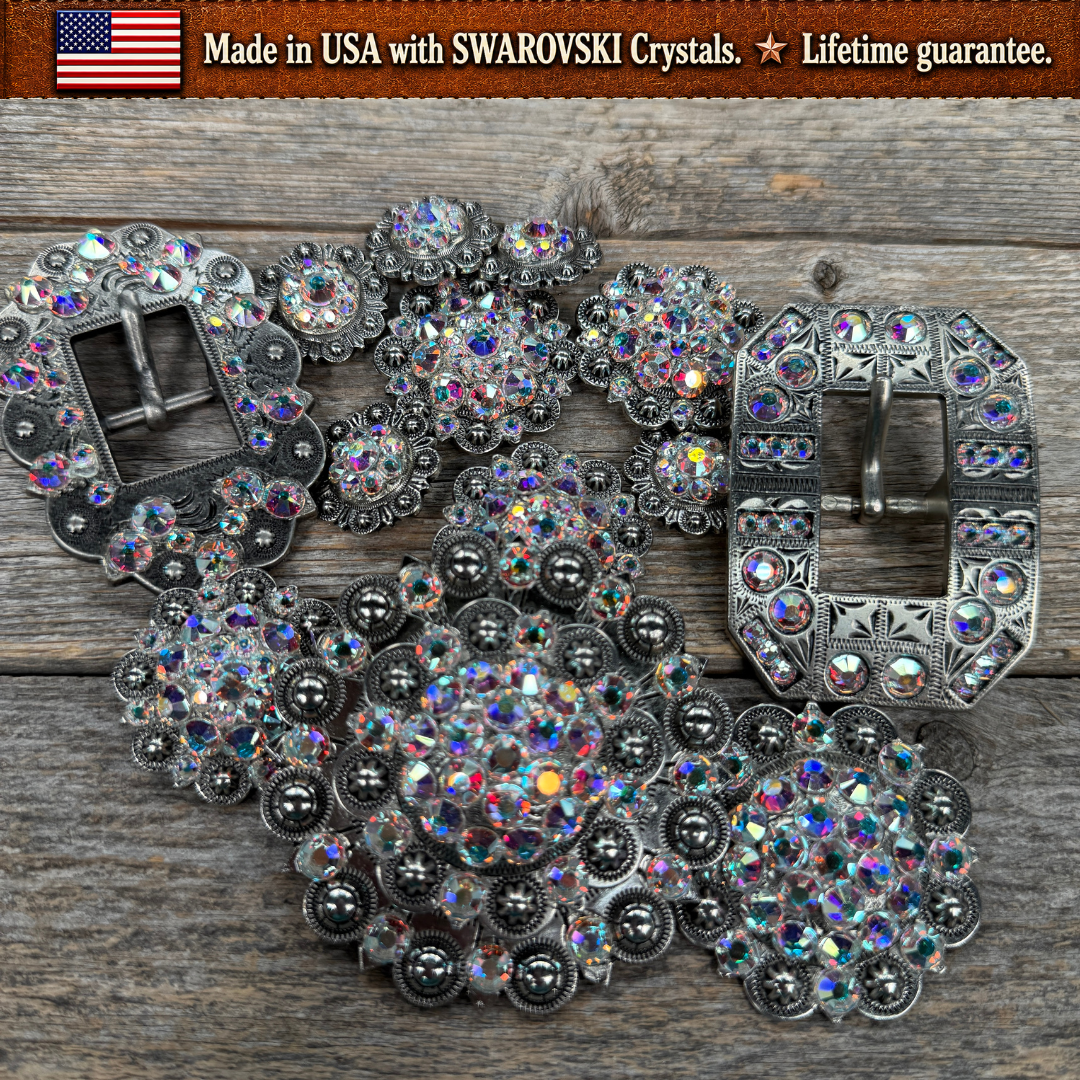 Antique Silver AB Crystal Conchos | Sizes 1"- 3" | Buckles | Saddle Set | Leather Rosettes | Slide