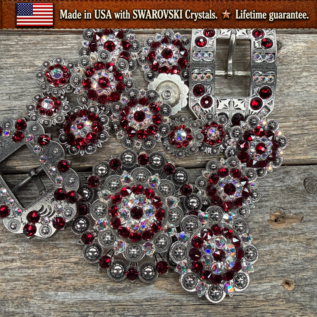 Antique Silver Ruby - AB Crystal Conchos | Sizes 1"- 3" | Buckles | Saddle Set | Leather Rosettes | Slide
