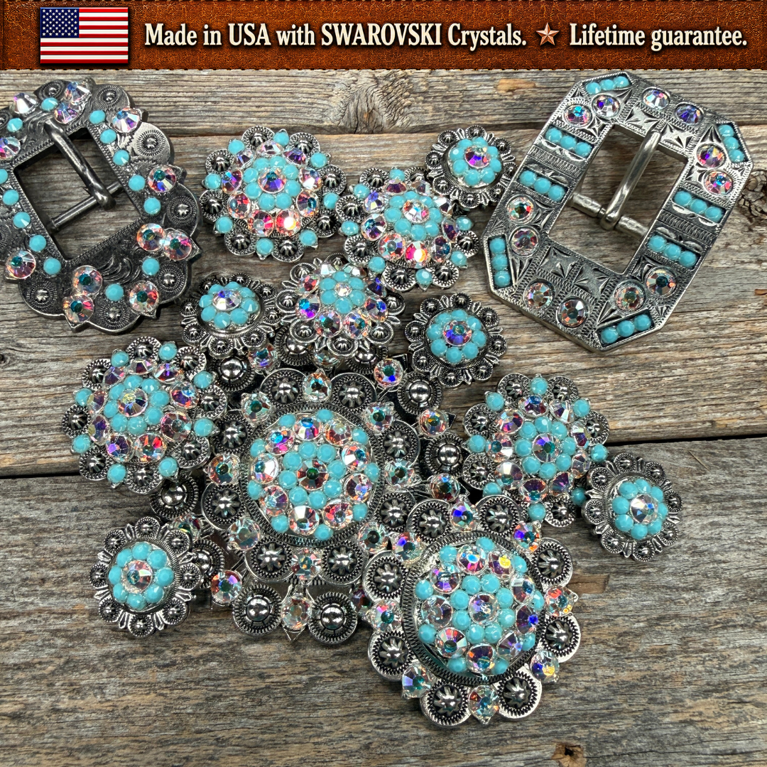 Antique Silver Turquoise - AB Crystal Conchos | Sizes 1"- 3" | Buckles | Saddle Set | Leather Rosettes | Slide