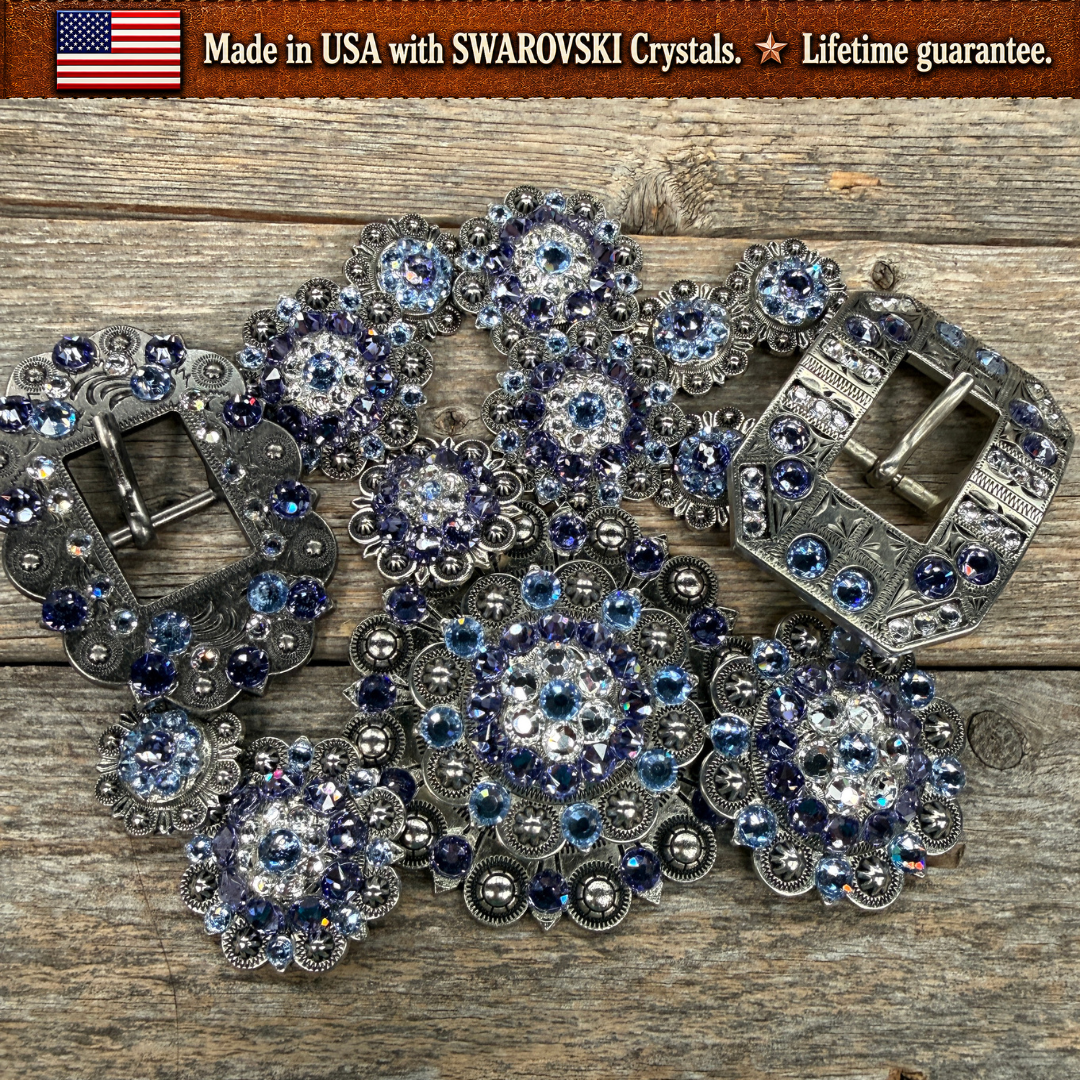Antique Silver Light Sapphire - Clear - Lilac Crystal Conchos | Sizes 1"- 3" | Buckles | Saddle Set | Leather Rosettes | Slide