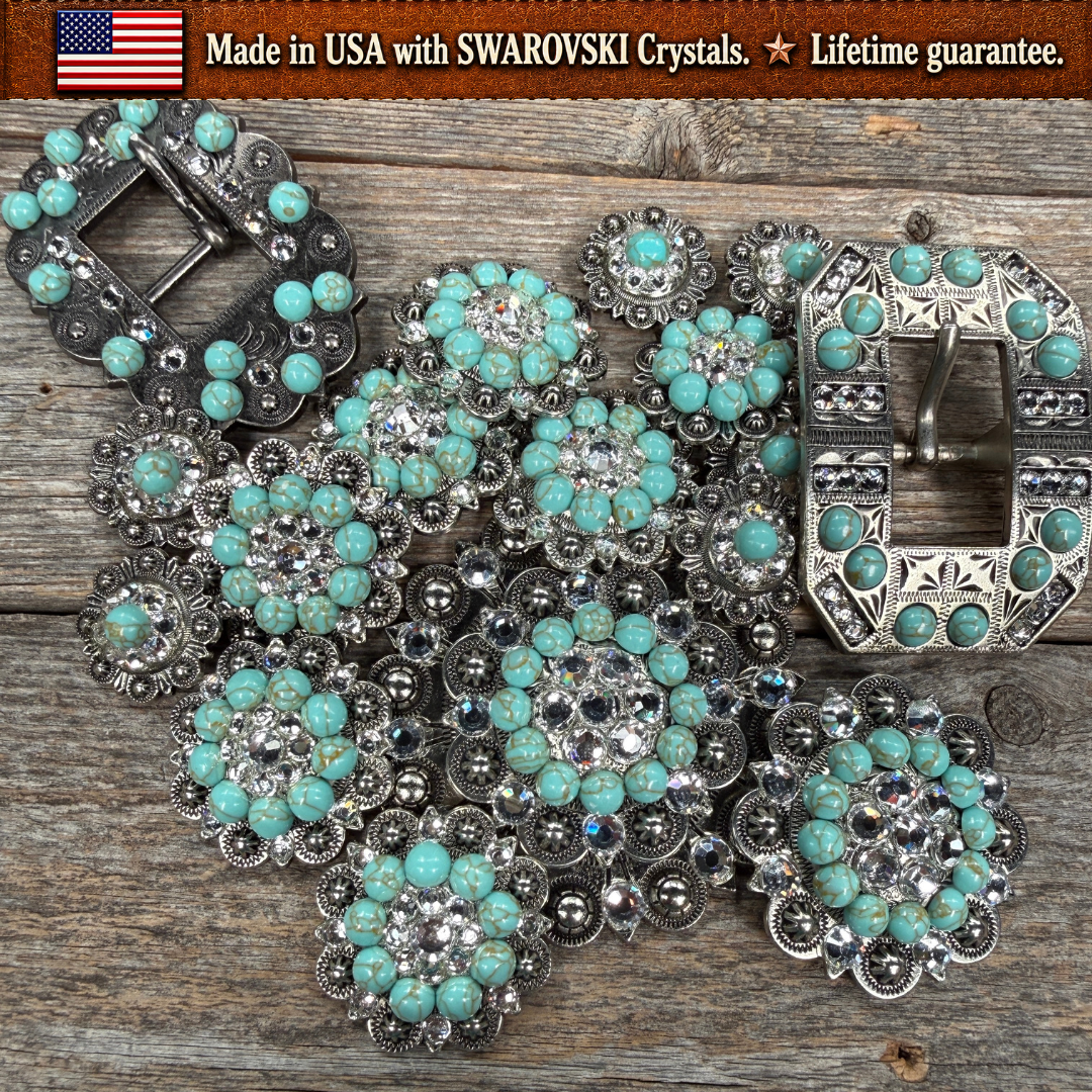 Antique Silver Turquoise - Clear Crystal Conchos | Sizes 1"- 3" | Buckles | Saddle Set | Leather Rosettes | Slide