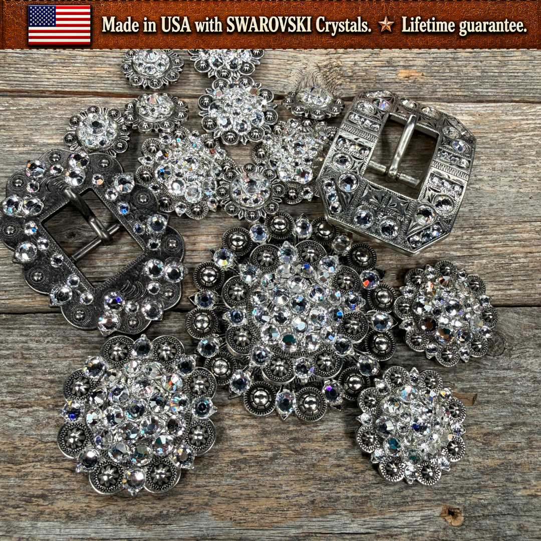 Antique Silver Clear Crystal Conchos | Sizes 1"- 3" | Buckles | Saddle Set | Leather Rosettes | Slide