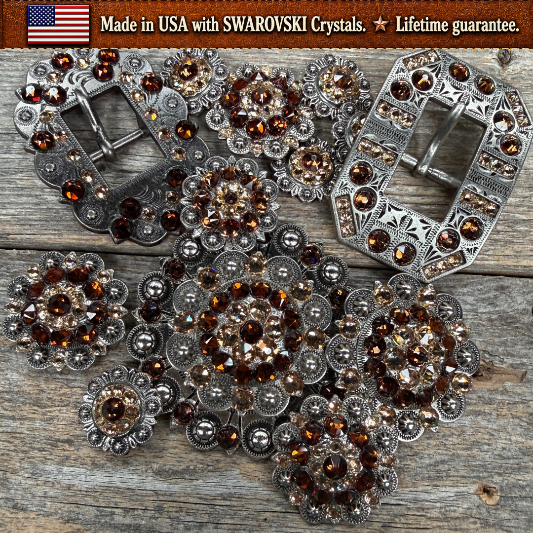 Antique Silver Topaz - Champagne Crystal Conchos | Sizes 1"- 3" | Buckles | Saddle Set | Leather Rosettes | Slide