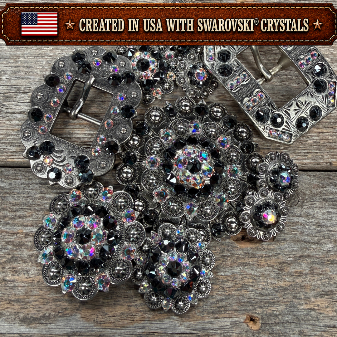 Antique Silver Jet - AB Crystal Conchos | Sizes 1"- 3" | Buckles | Saddle Set | Leather Rosettes | Slide