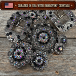 Antique Silver Jet - AB Crystal Conchos | Sizes 1"- 3" | Buckles | Saddle Set | Leather Rosettes | Slide