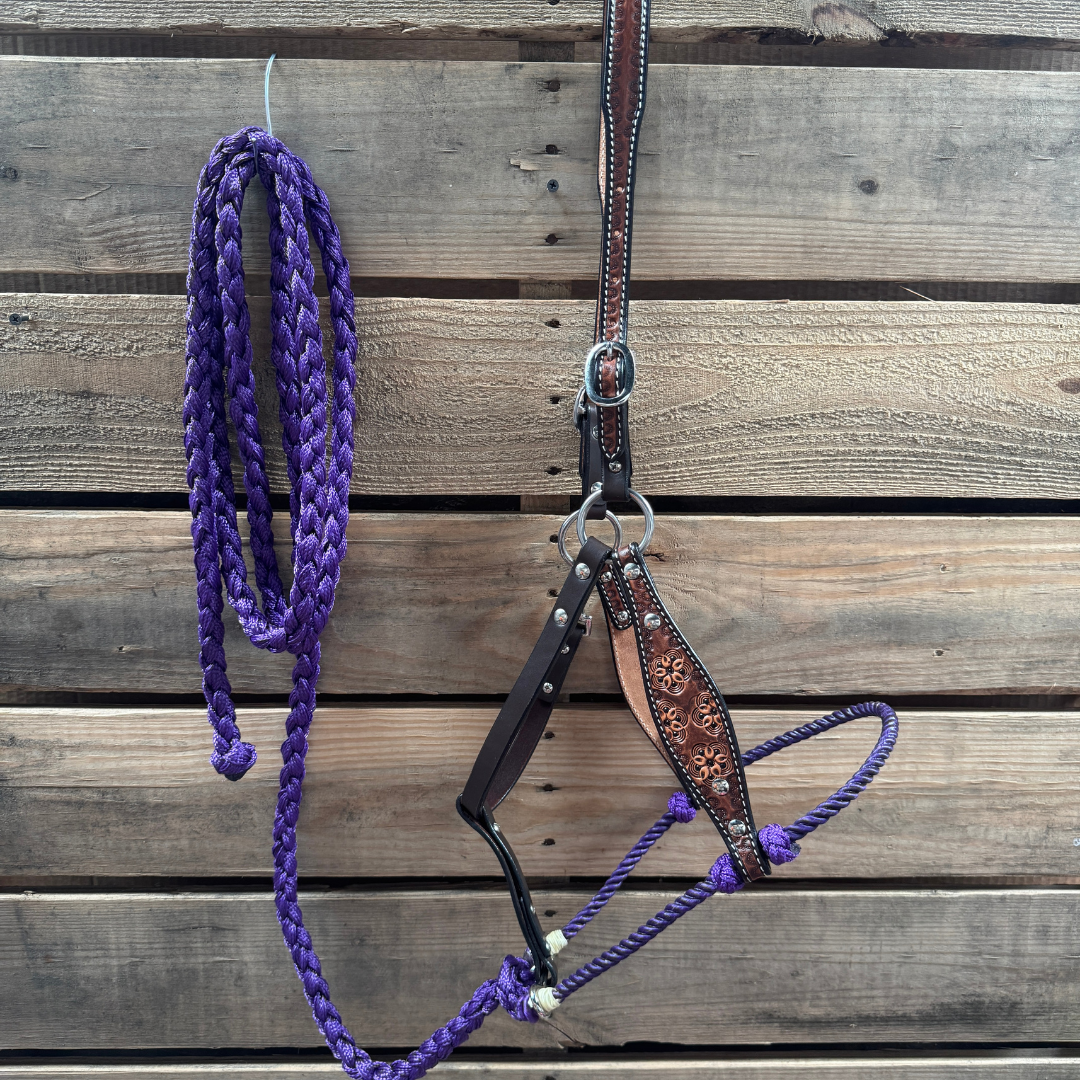 Purple Flower Power Tooled Lariat & Leather Combo Halter