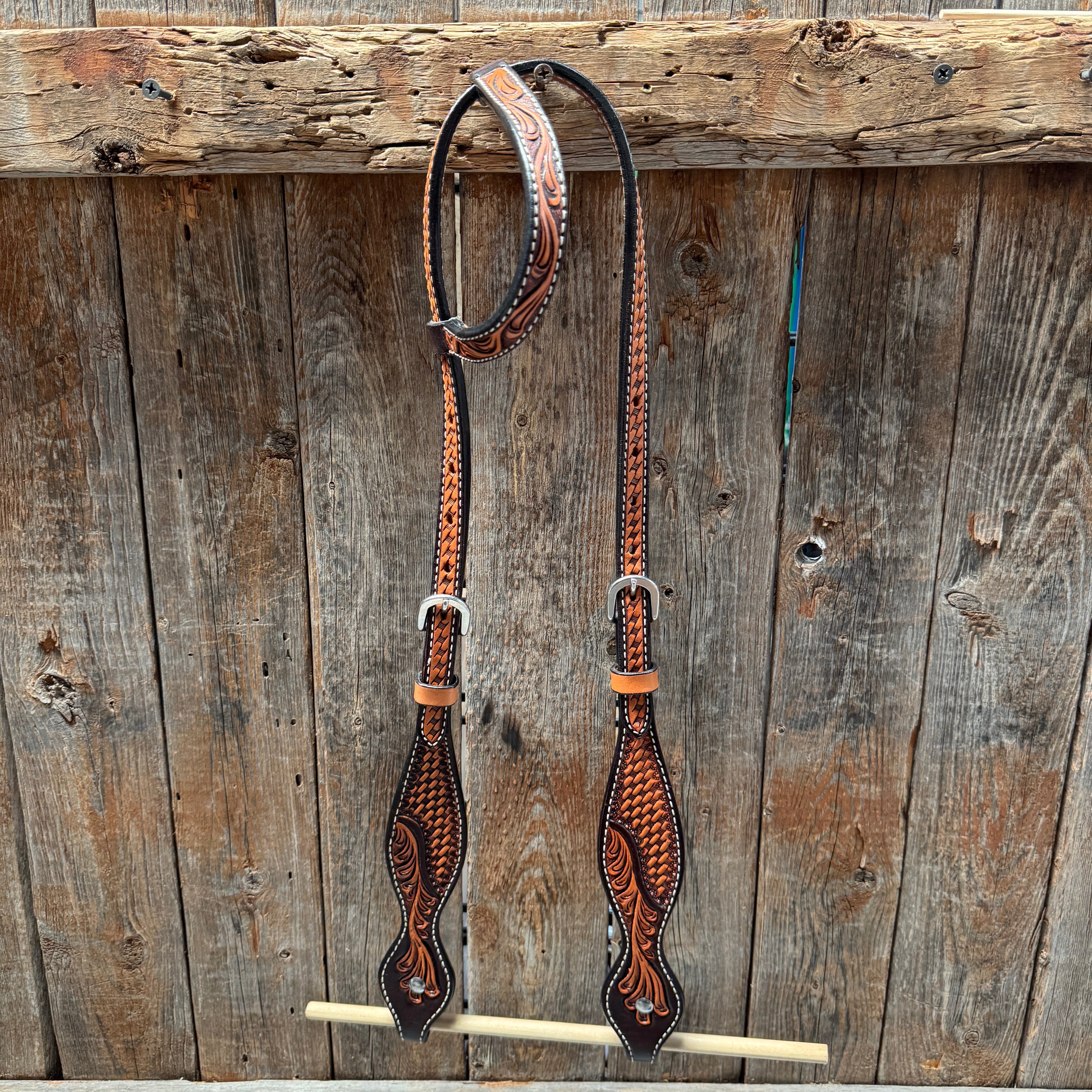 Basketweave - Brown Leaf Scalloped Two Tone One Ear Headstall/Bridle #231871B