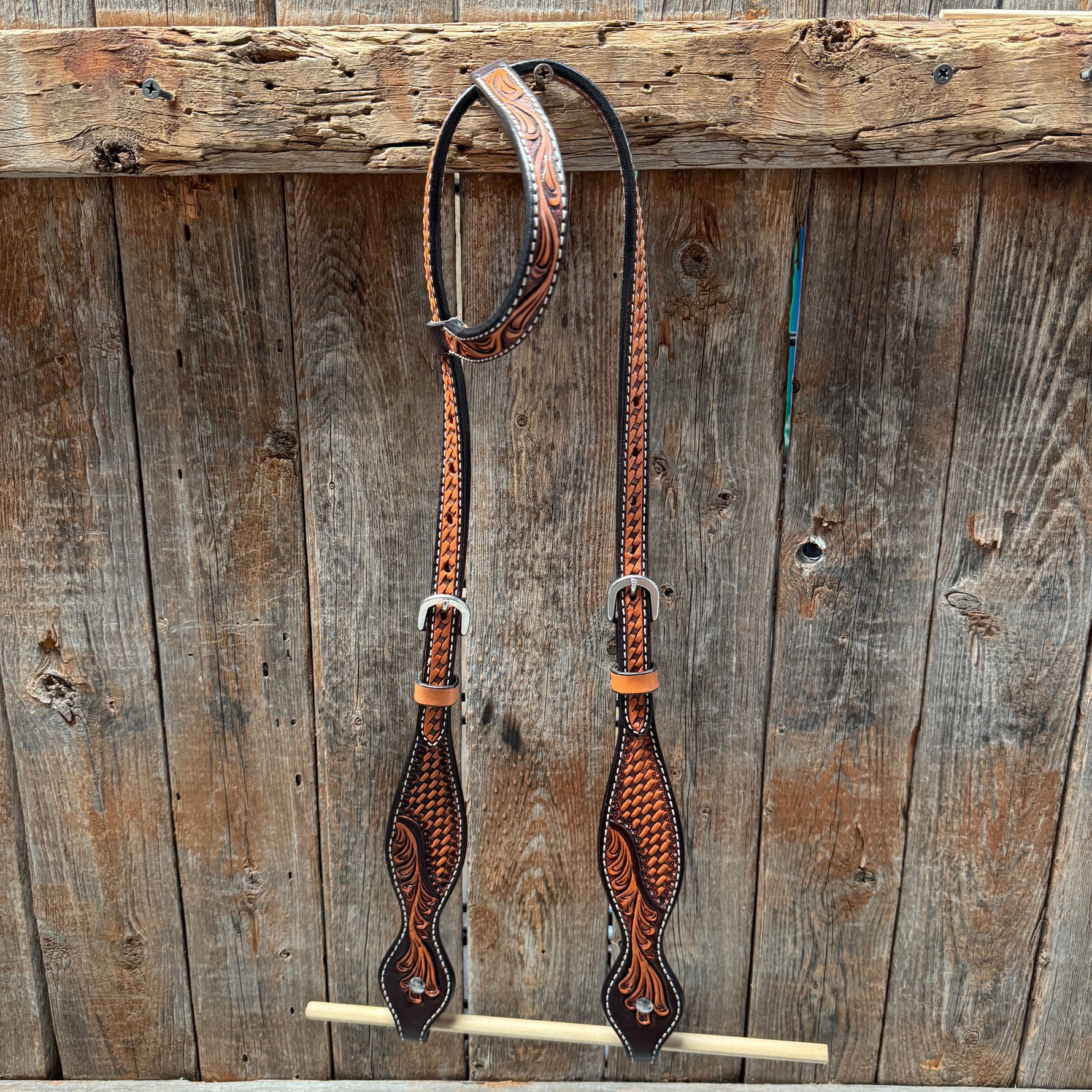 Basketweave - Brown Leaf Scalloped Two Tone One Ear Headstall/Bridle #231871B