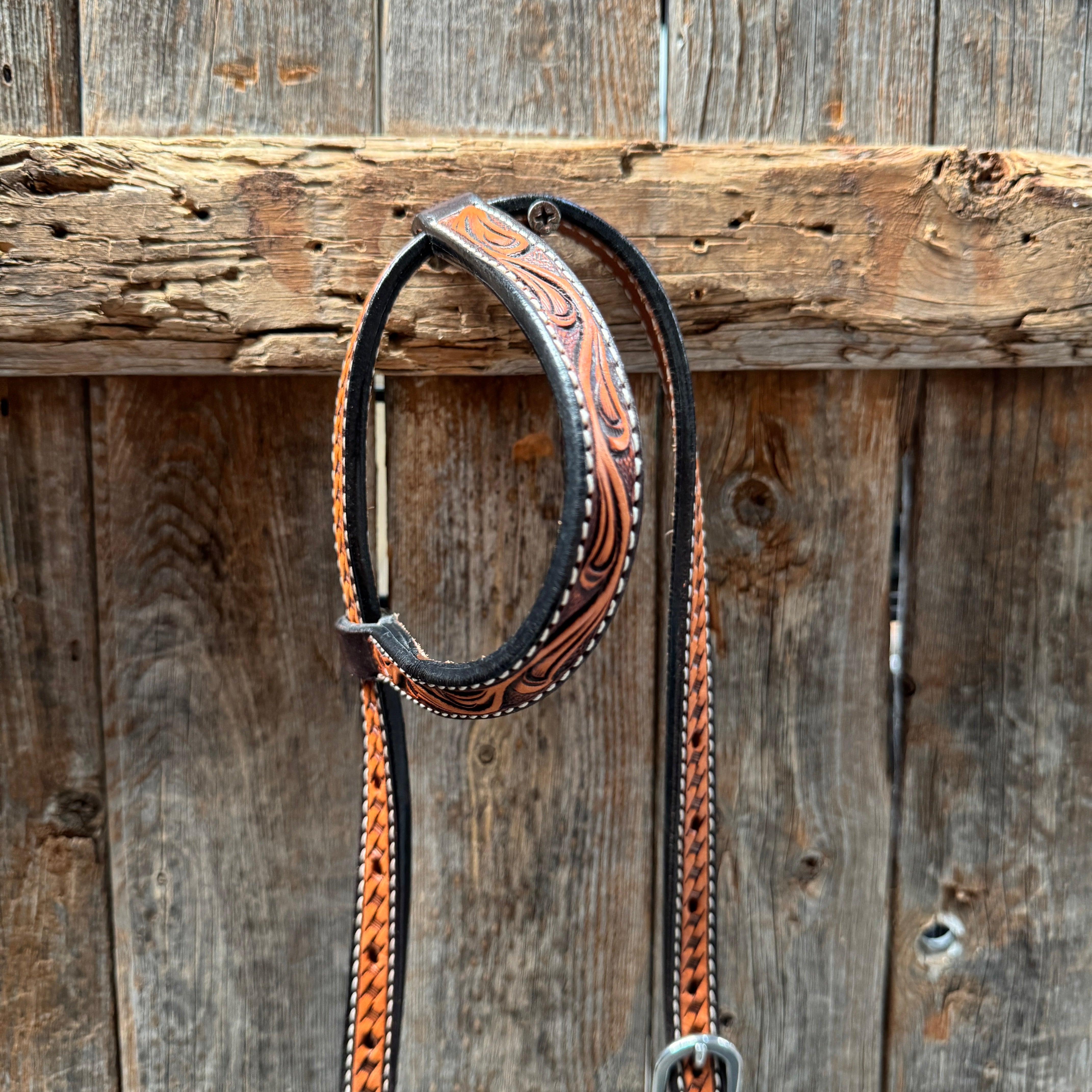 Basketweave - Brown Leaf Scalloped Two Tone One Ear Headstall/Bridle #231871B