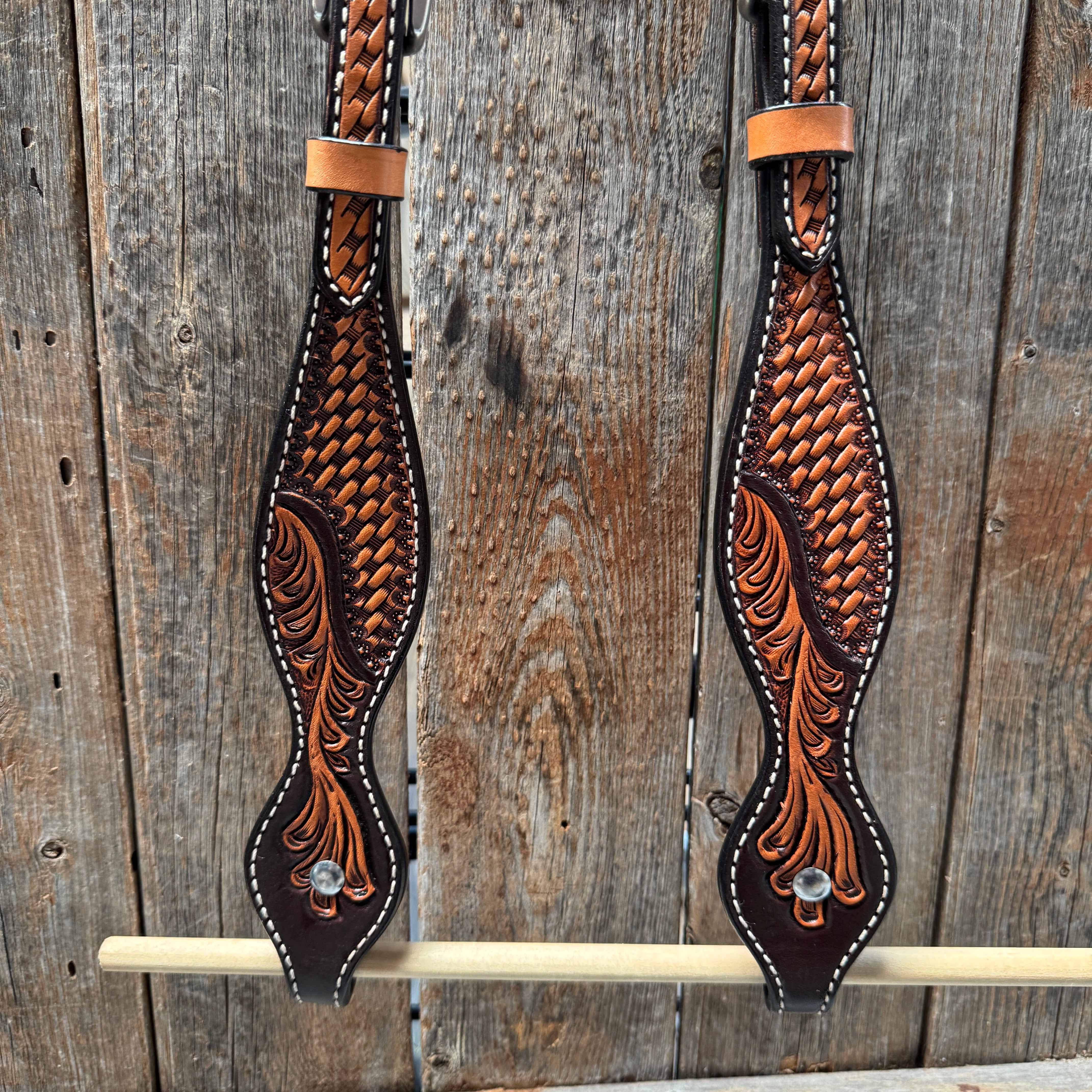 Basketweave - Brown Leaf Scalloped Two Tone One Ear Headstall/Bridle #231871B