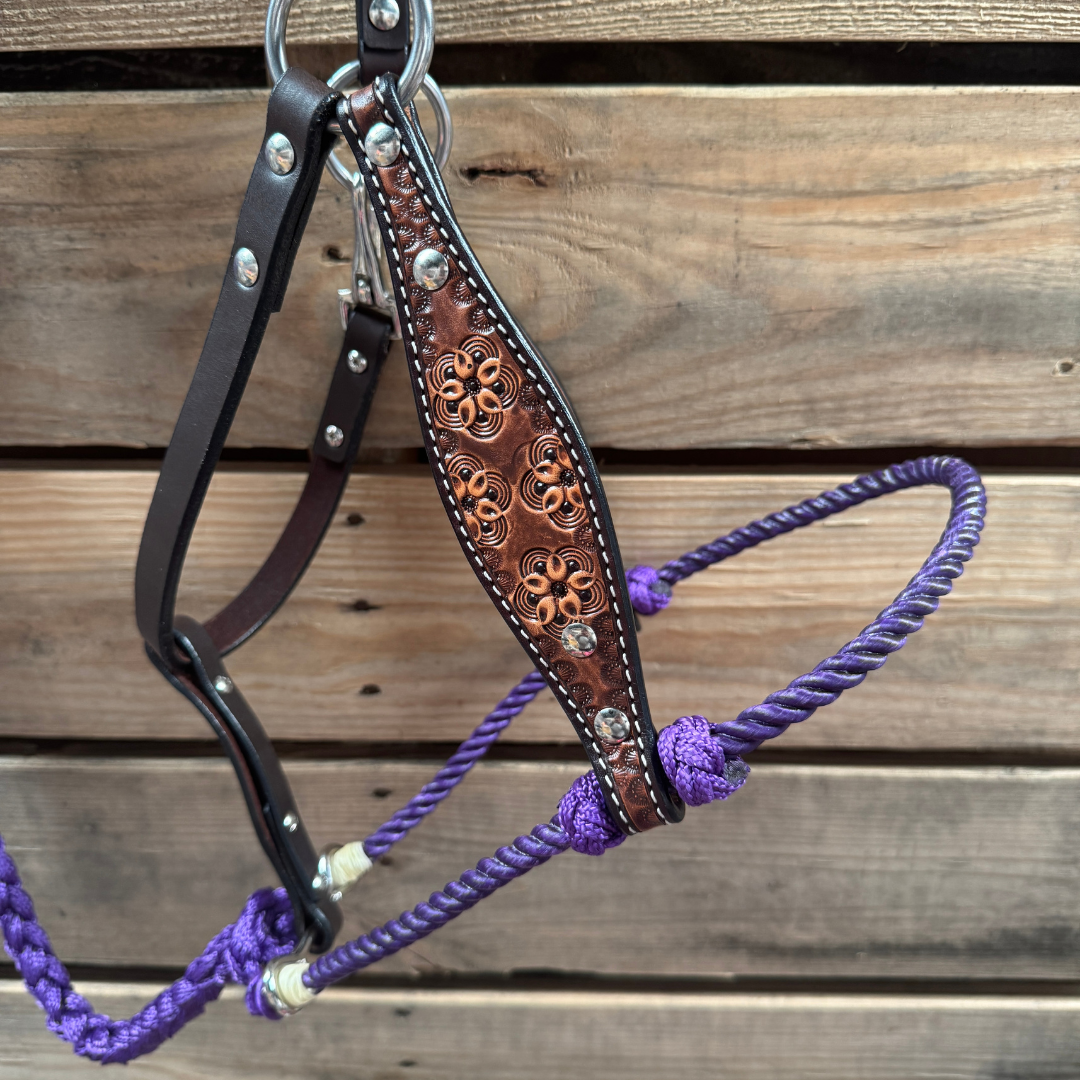 Purple Flower Power Tooled Lariat & Leather Combo Halter