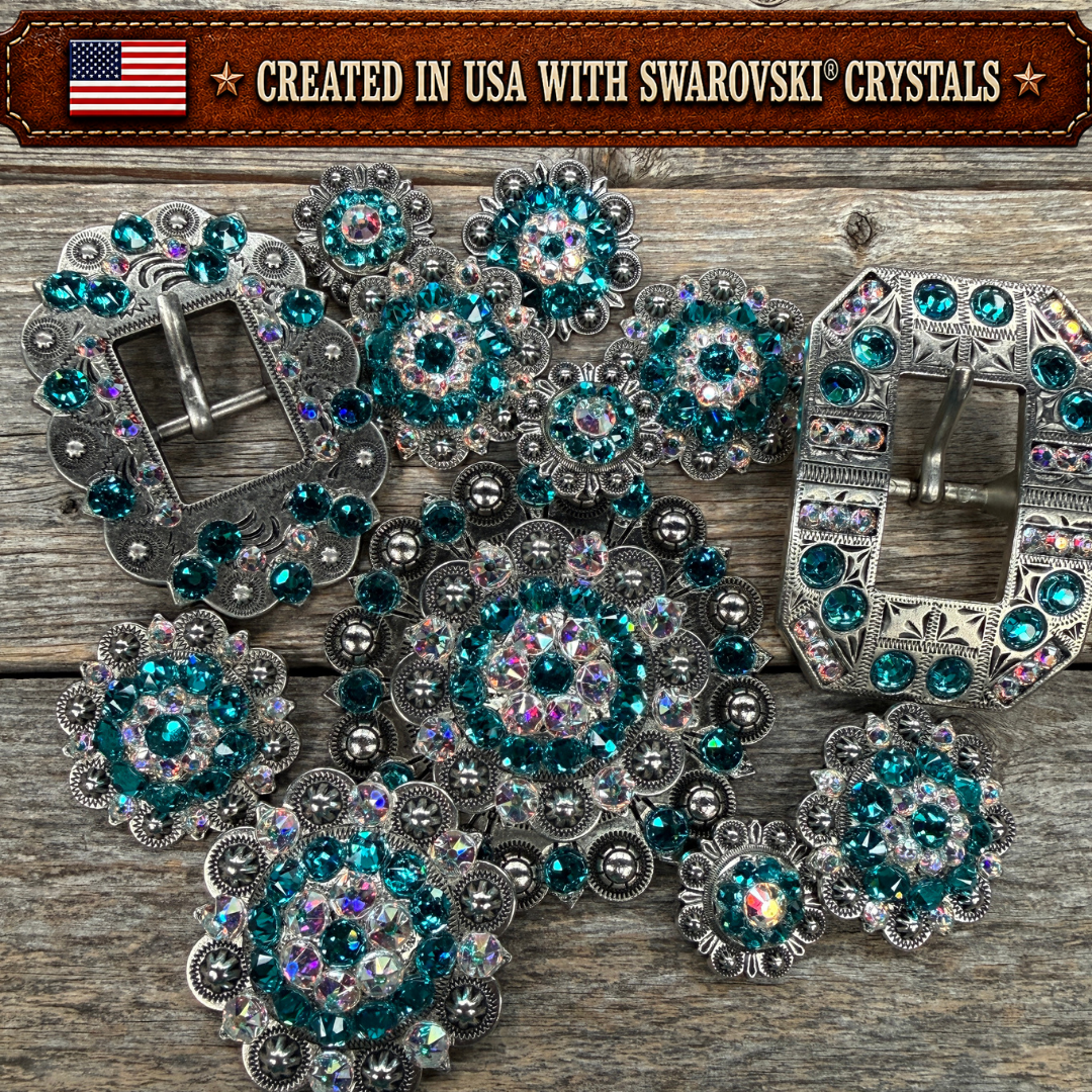 Antique Silver Teal - AB Crystal Conchos | Sizes 1"- 3" | Buckles | Saddle Set | Leather Rosettes | Slide