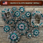 Antique Silver Teal - AB Crystal Conchos | Sizes 1"- 3" | Buckles | Saddle Set | Leather Rosettes | Slide