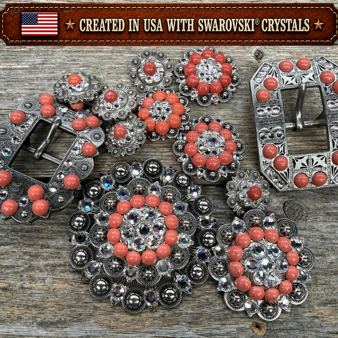 Antique Silver Coral - Clear Crystal Conchos | Sizes 1"- 3" | Buckles | Saddle Set | Leather Rosettes | Slide