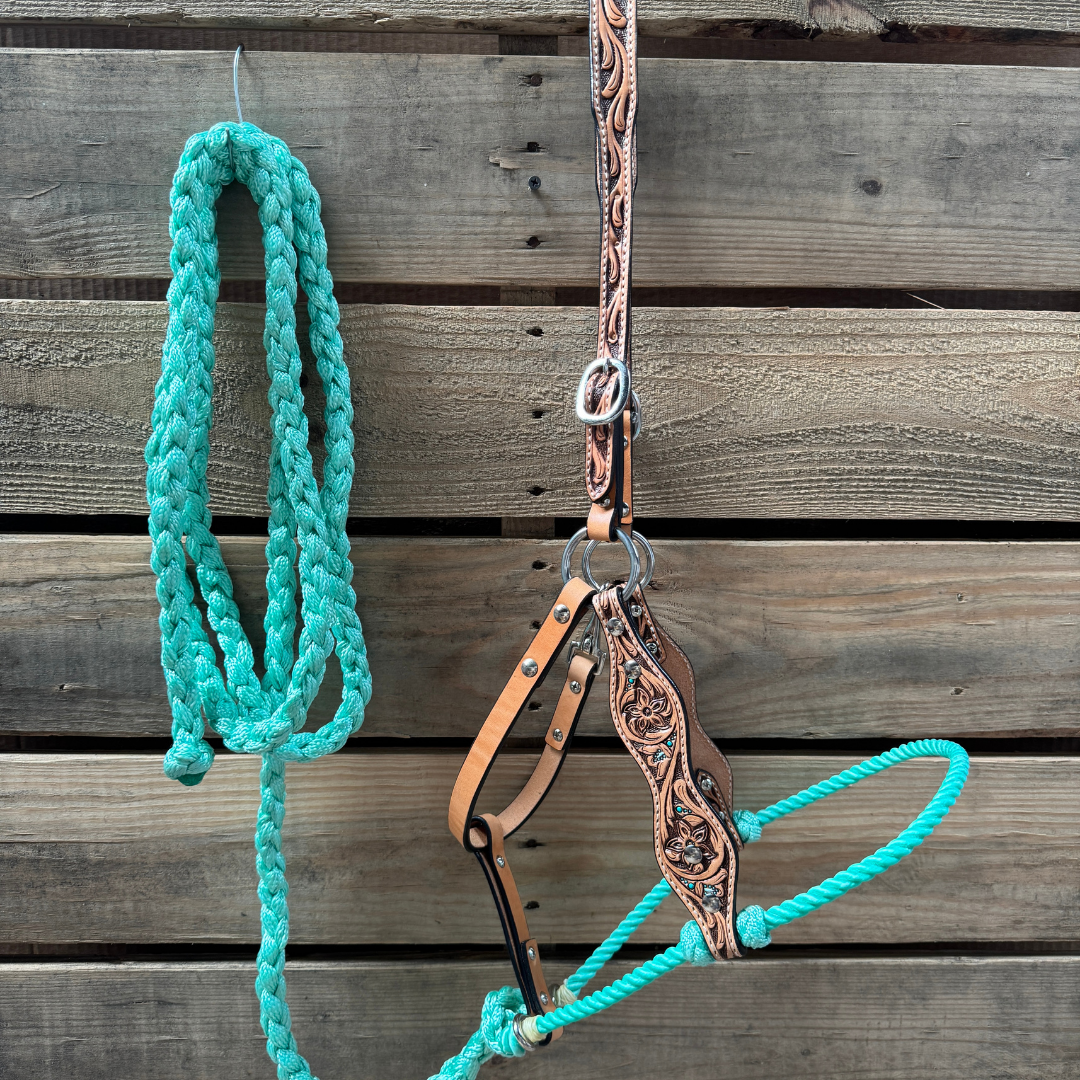 Seafoam Floral Tooled Lariat & Leather Combo Halter